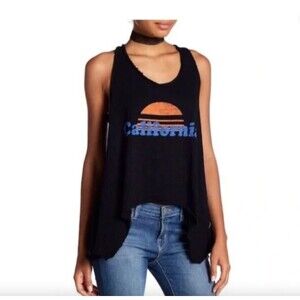 Michelle by Comune California Tank Top Graphic Black Tee Distressed Point Hem S